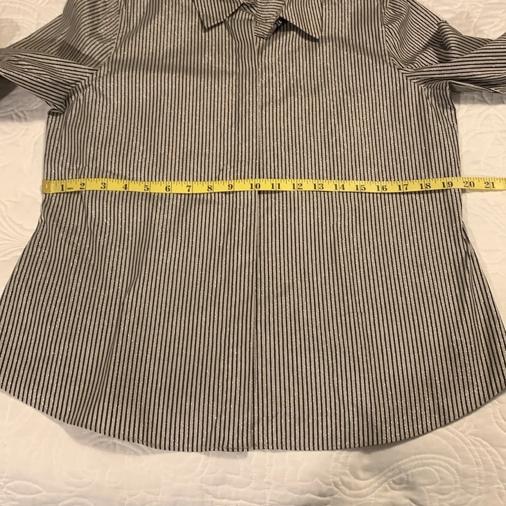 LAFAYETTE 148 NY Stripe Shimmer Button Down Long Sleeve Blouse Black Beige SZ 10 - Picture 13 of 16